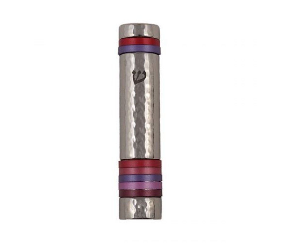 Hammered Aluminum Silver Mezuzah Case, Red and Pink Bands - Yair Emanuel