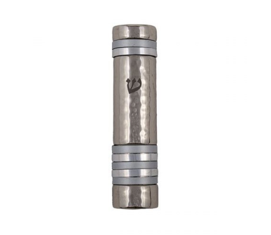 Hammered Aluminum Silver Mezuzah Case, Silver Bands - Yair Emanuel