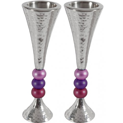 Hammered Aluminum Stem Candlestick - Colored Beads by Yair Emanuel