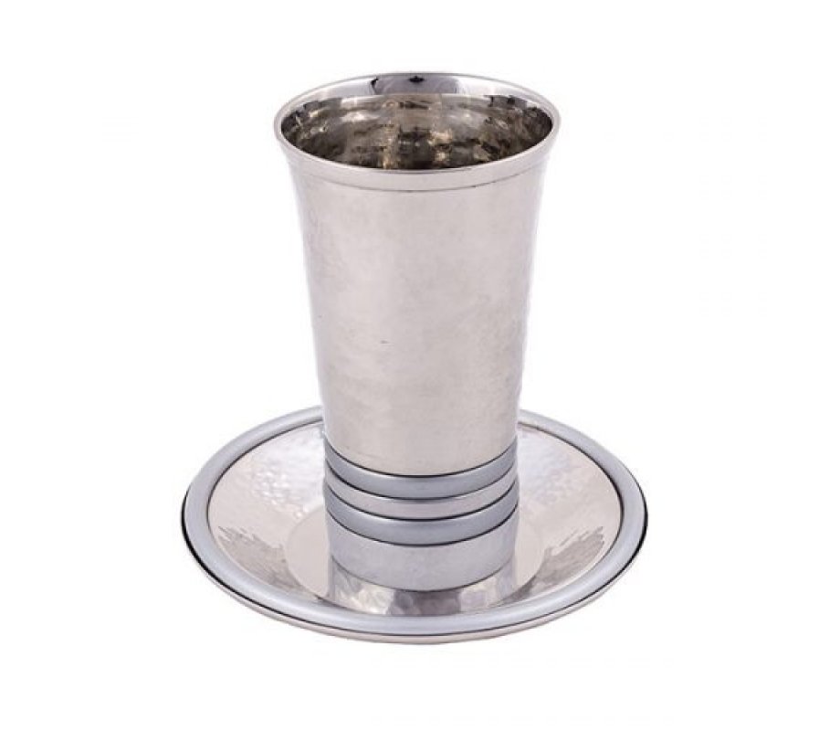 Hammered Kiddush Cup and Saucer with Rings, Silver - Yair Emanuel