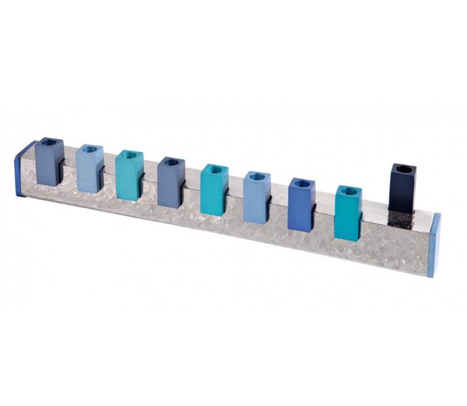Hammered Metal Hanukkah Menorah with Cube Candle Holders, Blue - Yair Emanuel