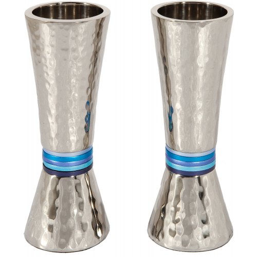 Hammered Nickel Cone Candlesticks with Colored Rings - Yair Emanuel