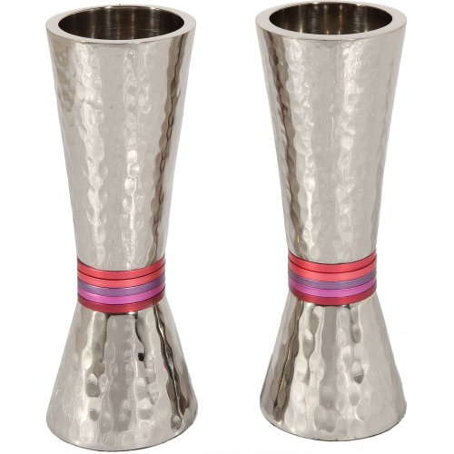 Hammered Nickel Cone Candlesticks with Colored Rings - Yair Emanuel