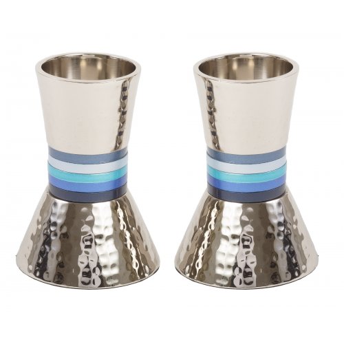 Hammered Nickel Cone Candlesticks with Colored Stripes, Small - Yair Emanuel