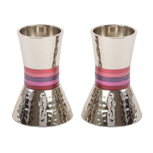 Hammered Nickel Cone Candlesticks with Colored Stripes, Small - Yair Emanuel