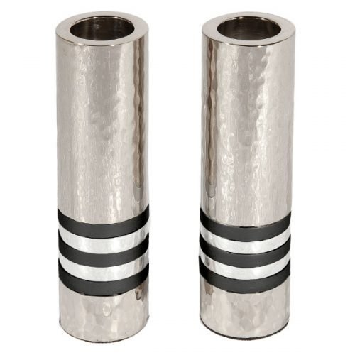 Hammered Nickel Cylinder Candlesticks with Black and Silver Rings - Yair Emanuel
