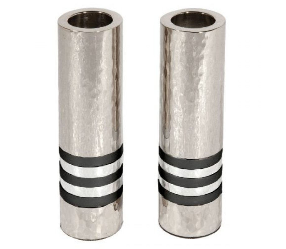 Hammered Nickel Cylinder Candlesticks with Black and Silver Rings - Yair Emanuel