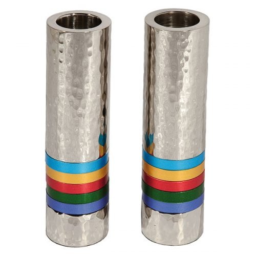 Hammered Nickel Cylinder Candlesticks with Multicolored Rings - Yair Emanuel