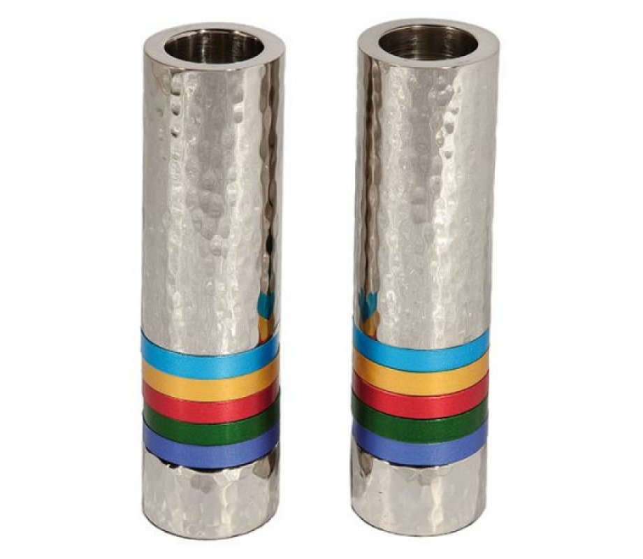 Hammered Nickel Cylinder Candlesticks with Multicolored Rings - Yair Emanuel