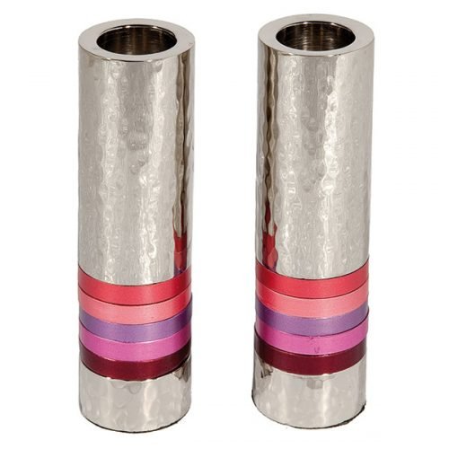Hammered Nickel Cylinder Candlesticks with Shades-of-Pink Bands - Yair Emanuel