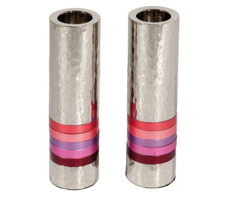 Hammered Nickel Cylinder Candlesticks with Shades-of-Pink Bands - Yair Emanuel