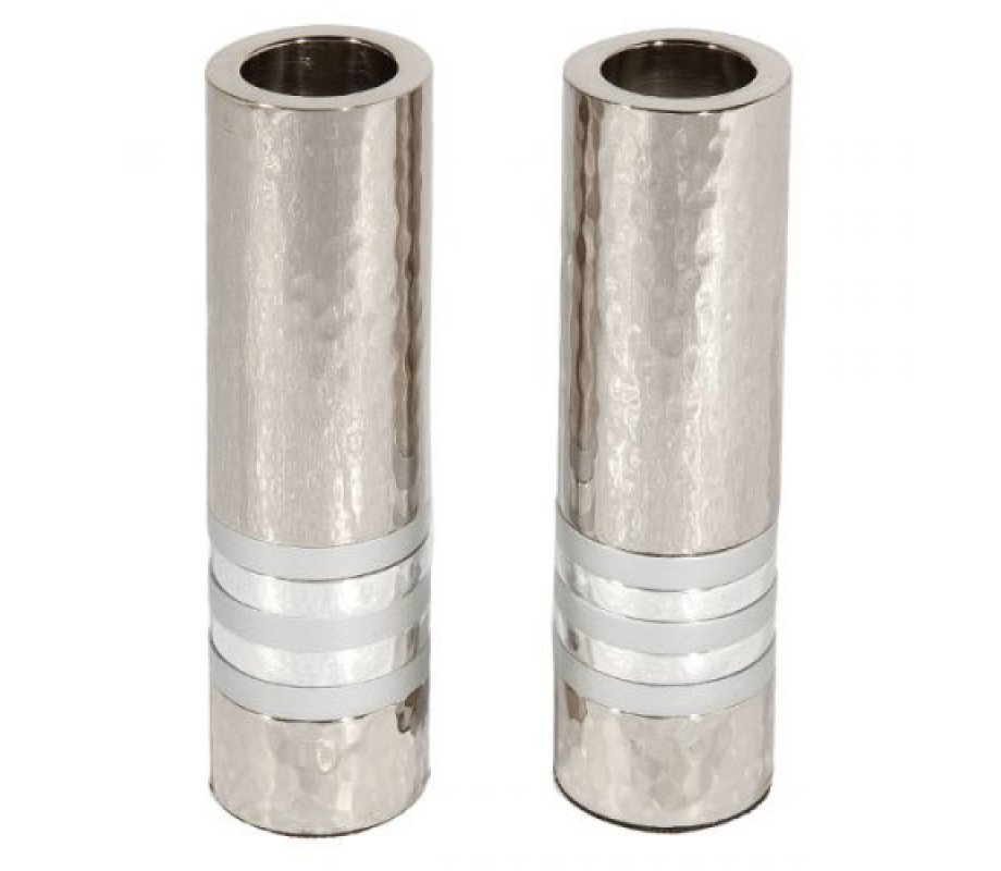 Hammered Nickel Cylinder Candlesticks with Silver Rings - Yair Emanuel