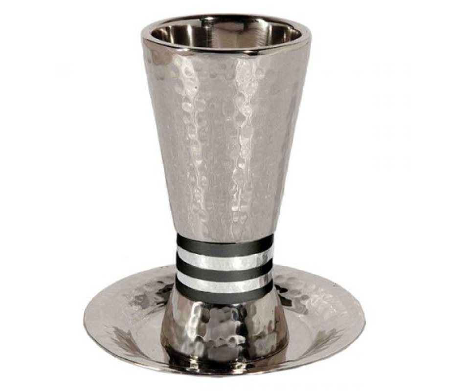 Hammered Nickel Kiddush Cup Set, Black and Silver Rings - Yair Emanuel