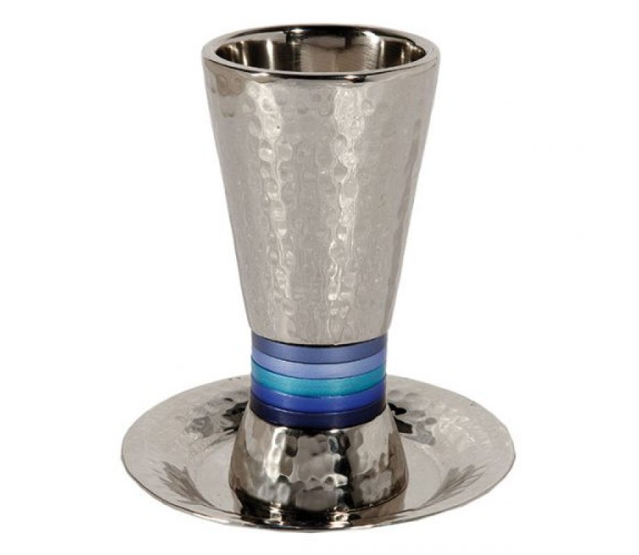 Hammered Nickel Kiddush Cup Set, Blue Rings - Yair Emanuel
