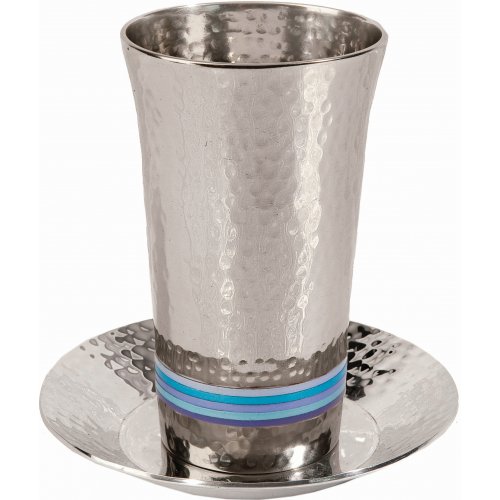 Hammered Nickel Kiddush Cup and Saucer with Colored Rings - Yair Emanuel