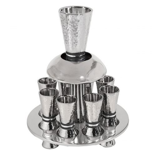 Hammered Nickel Kiddush Fountain Set, 8 Cups, Silver and Gray Rings - Yair Emanuel