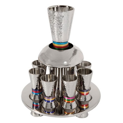 Hammered Nickel Kiddush Fountain on Tray with Eight Cups, Multicolored - Yair Emanuel