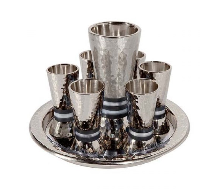 Hammered Nickel Kiddush Goblet and Six Cups with Tray, Black Bands - Yair Emanuel
