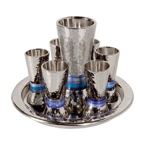 Hammered Nickel Kiddush Goblet and Six Cups with Tray, Blue - Yair Emanuel