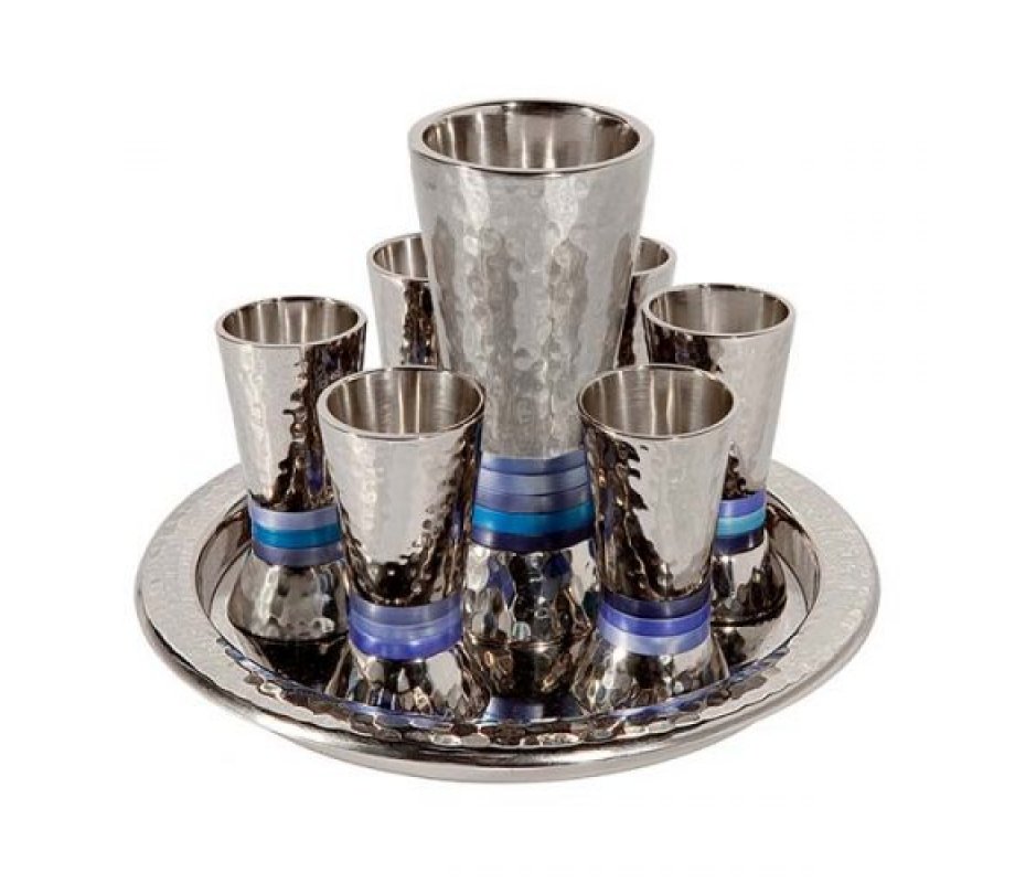 Hammered Nickel Kiddush Goblet and Six Cups with Tray, Blue - Yair Emanuel