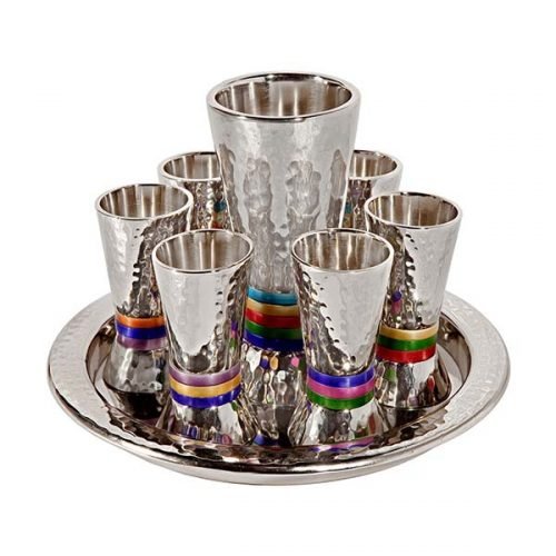 Hammered Nickel Kiddush Goblet and Six Cups with Tray, Multicolor - Yair Emanuel