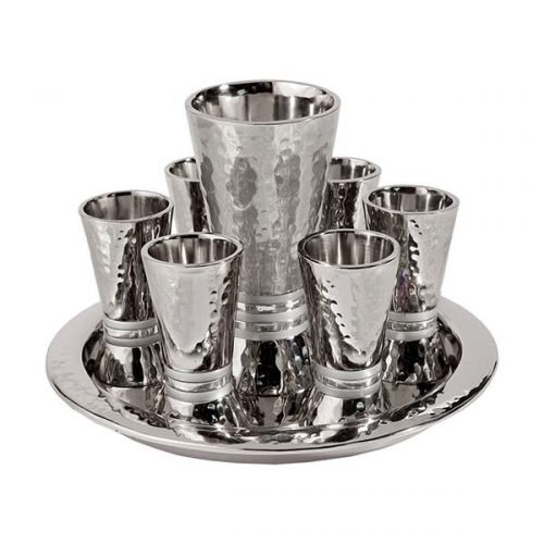Hammered Nickel Kiddush Goblet and Six Cups with Tray, Silver - Yair Emanuel