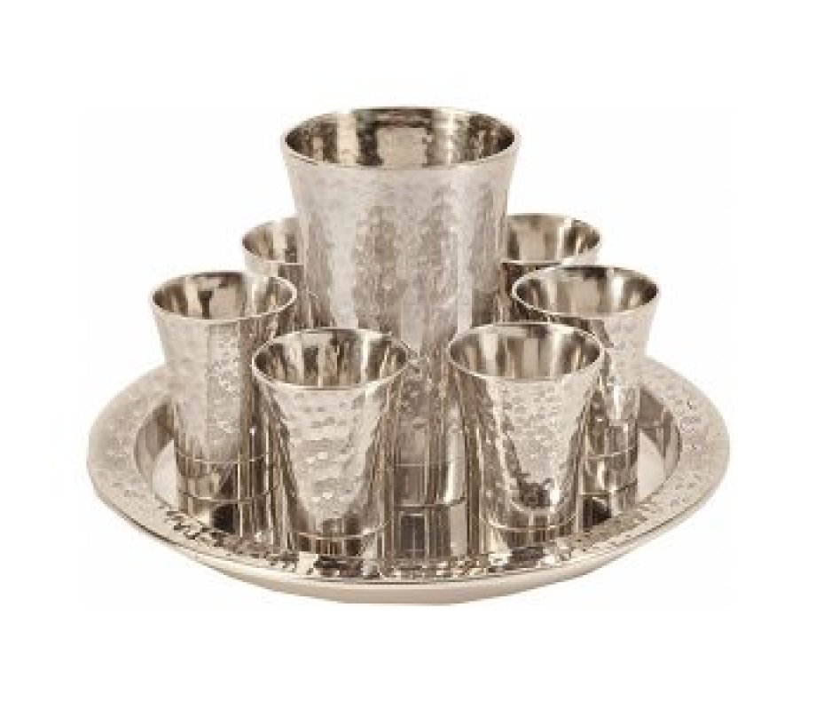 Hammered Nickel Kiddush Goblet awith Six Cups and Round Tray - Yair Emanuel