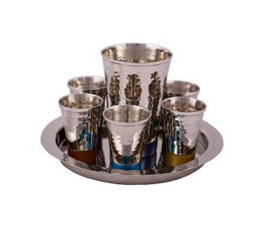 Hammered Nickel Kiddush Goblet with Six Cups and Tray, Multicolor Bands - Yair Emanuel