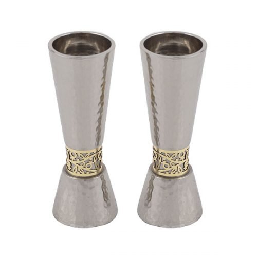 Hammered Silver Cone Candlesticks with Gold Pomegranates Band - Yair Emanuel