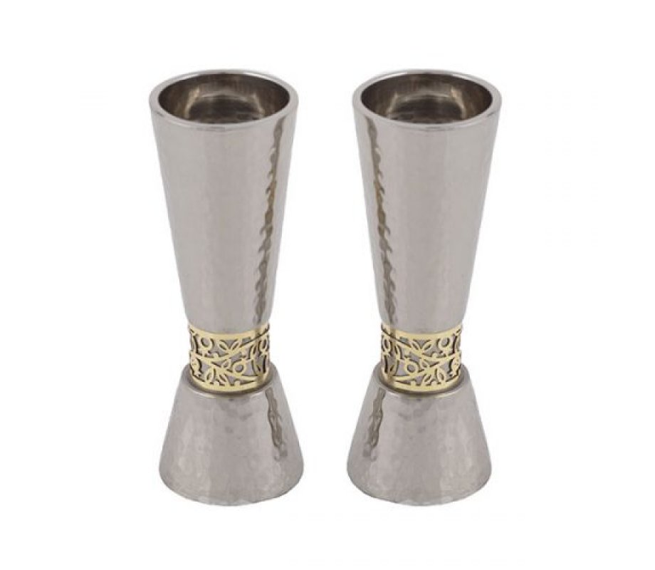 Hammered Silver Cone Candlesticks with Gold Pomegranates Band - Yair Emanuel