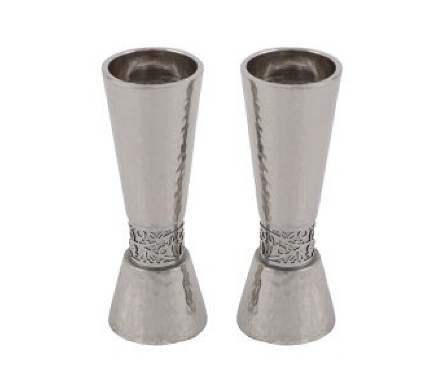 Hammered Silver Cone Candlesticks with Silver Pomegranates Band - Yair Emanuel