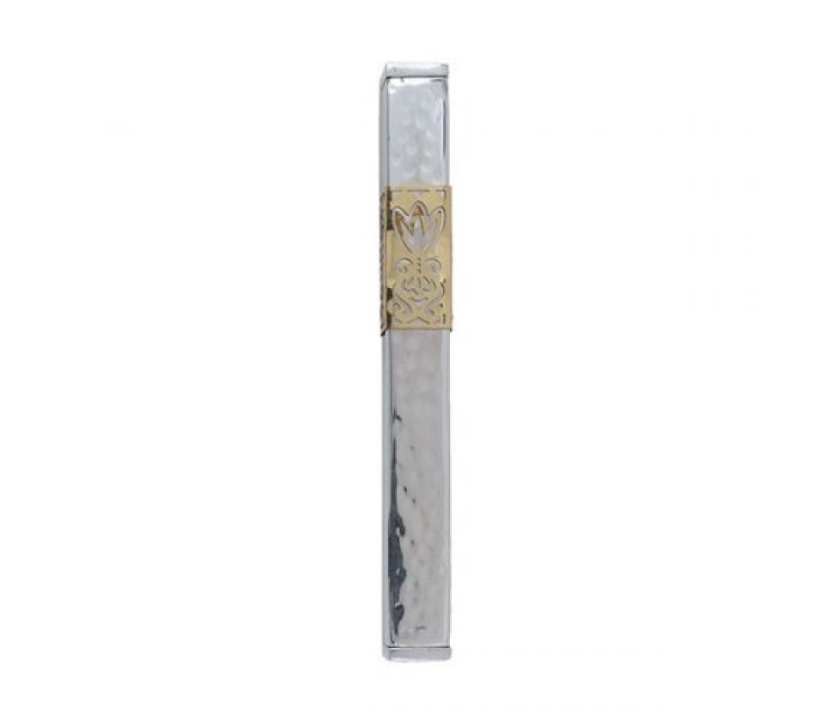 Hammered Silver Metal Mezuzah Case, Gold Cutout Flower - Yair Emanuel