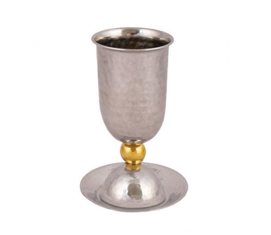 Hammered Silver Stainless Steel Kiddush cup and Plate Set, Gold Ball - Yair Emanuel