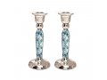 Hammered Stainless Steel Blue Geometric Design Metal Candlesticks - Yair Emanuel