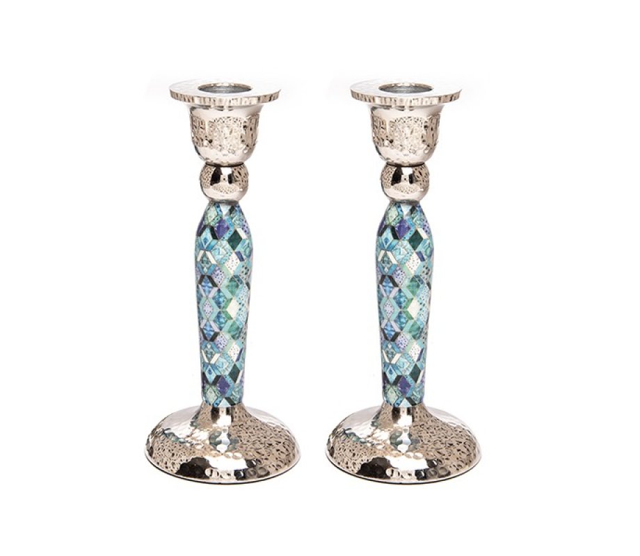 Hammered Stainless Steel Blue Geometric Design Metal Candlesticks - Yair Emanuel
