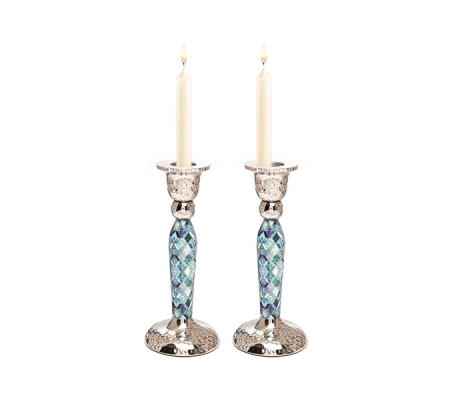 Hammered Stainless Steel Blue Geometric Design Metal Candlesticks - Yair Emanuel