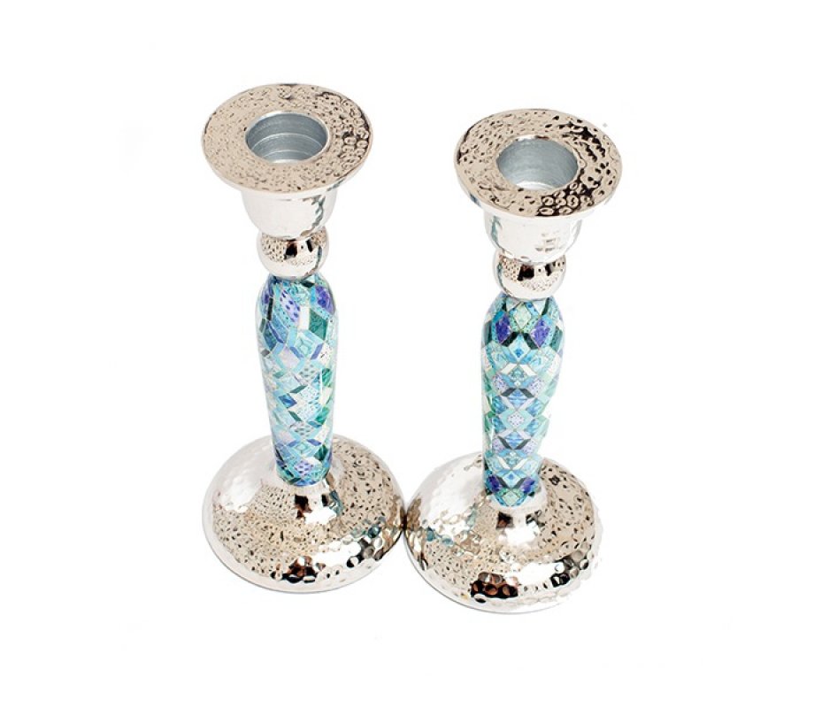 Hammered Stainless Steel Blue Geometric Design Metal Candlesticks - Yair Emanuel
