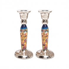 Hammered Stainless Steel Jerusalem Design Metal Candlesticks - Yair Emanuel