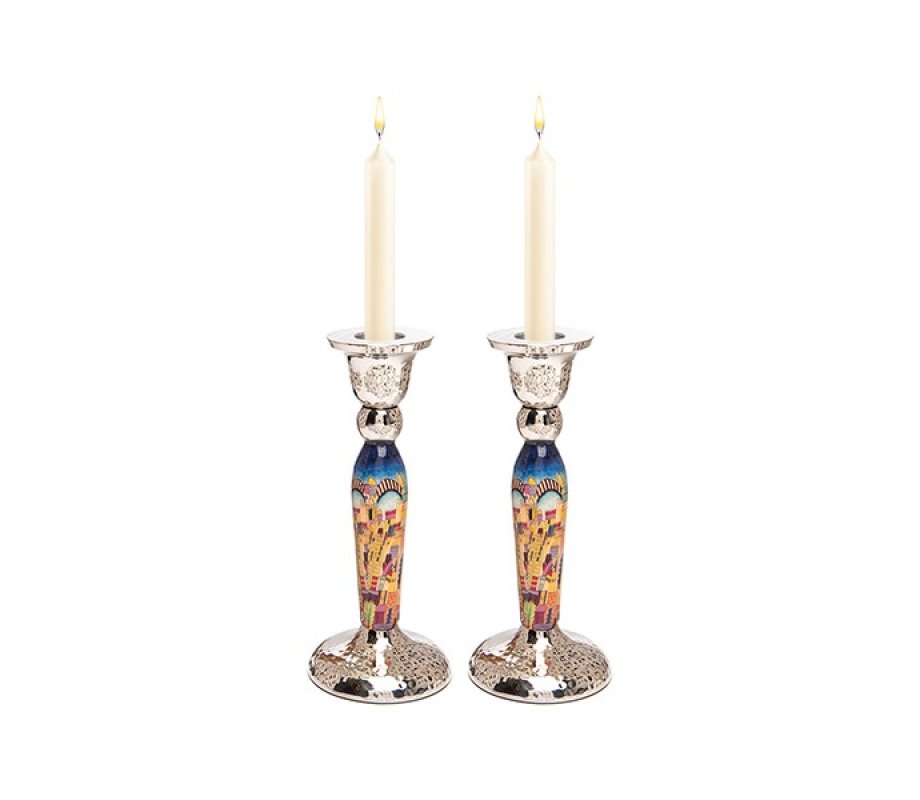 Hammered Stainless Steel Jerusalem Design Metal Candlesticks - Yair Emanuel