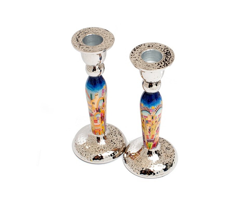 Hammered Stainless Steel Jerusalem Design Metal Candlesticks - Yair Emanuel