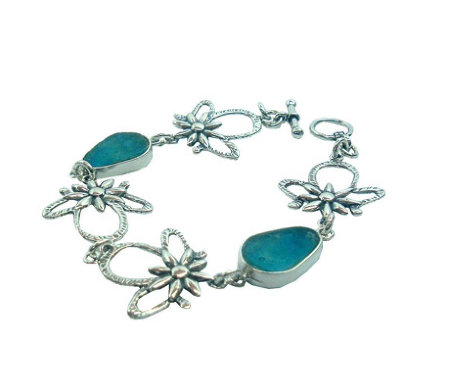 Hammered Sterling Silver Flower Bracelet and Roman Glass Dewdrops - Michal Kirat