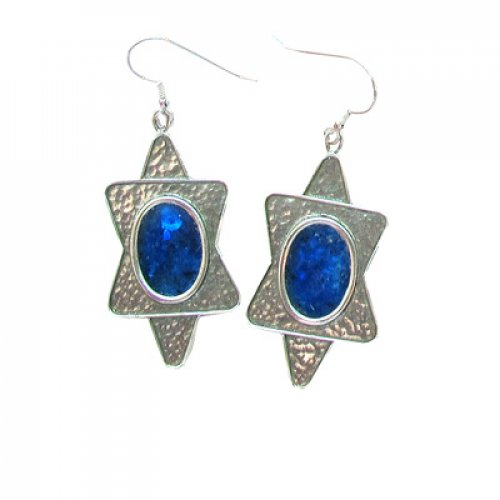 Hammered Sterling Silver Star of David Drop Earrings with Roman Glass - Michal Kirat