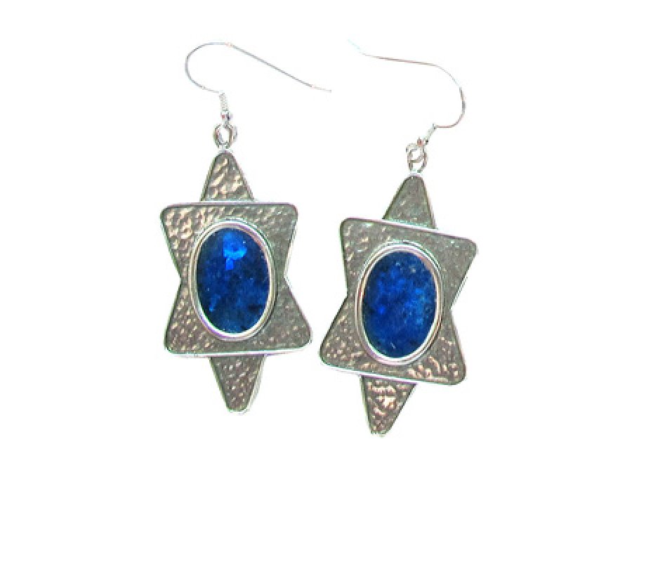 Hammered Sterling Silver Star of David Drop Earrings with Roman Glass - Michal Kirat