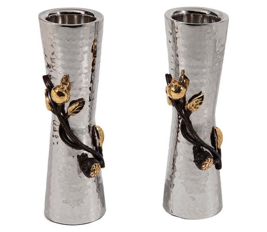 Hammered Two Tone Pomegranate Design Metal Candlesticks - Yair Emanuel