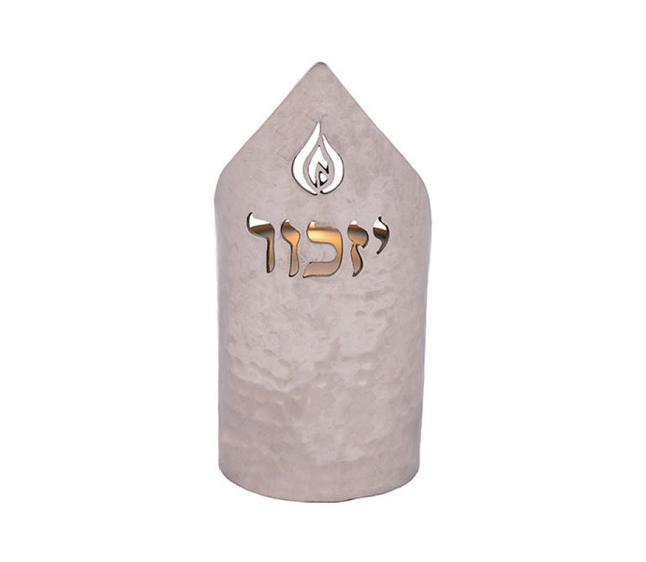 Hammered Yahrzeit Memorial Candle Holder, Yizkor & Cut Out Flame - Yair Emanuel