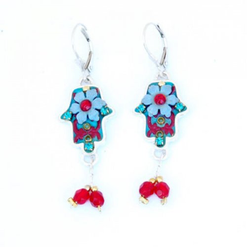Hamsa Earrings in Blue and red with Matching Bead Dangle