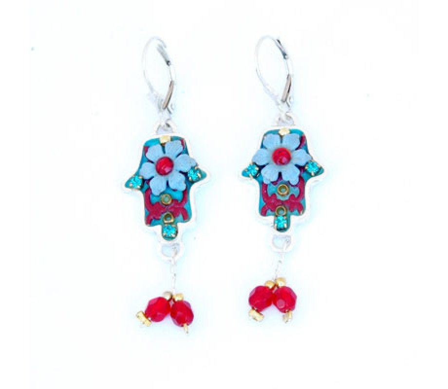 Hamsa Earrings in Blue and red with Matching Bead Dangle