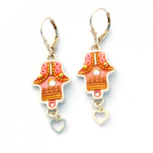 Hamsa Earrings with Heart Dangle - Ester Shahaf