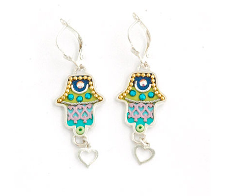 Hamsa Earrings with Heart in Green - Ester Shahaf