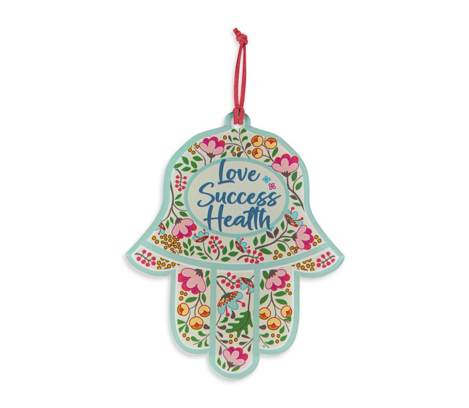 Hamsa Lucite Wall Hanging, Colorful Flowers and English Blessing Words - Dorit Judaica